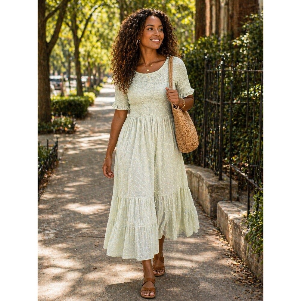 Polagram Women's Green Smocked Bodice Short Sleeve Tiered Ruffled Midi Dress S